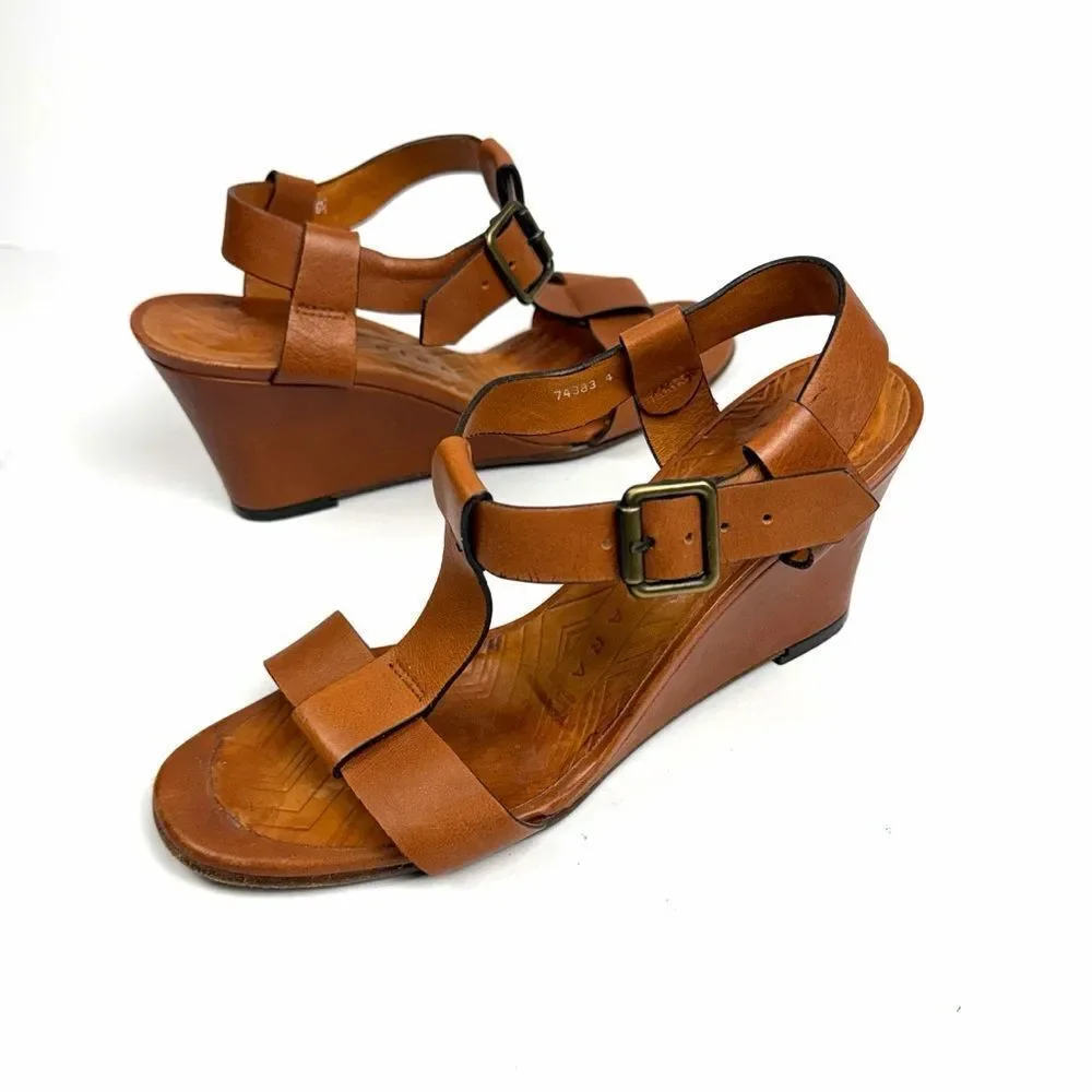 CHIE MIHARA Wedge High Heels Sandals Cognac Leather T-strap size 36,5 US 6,5